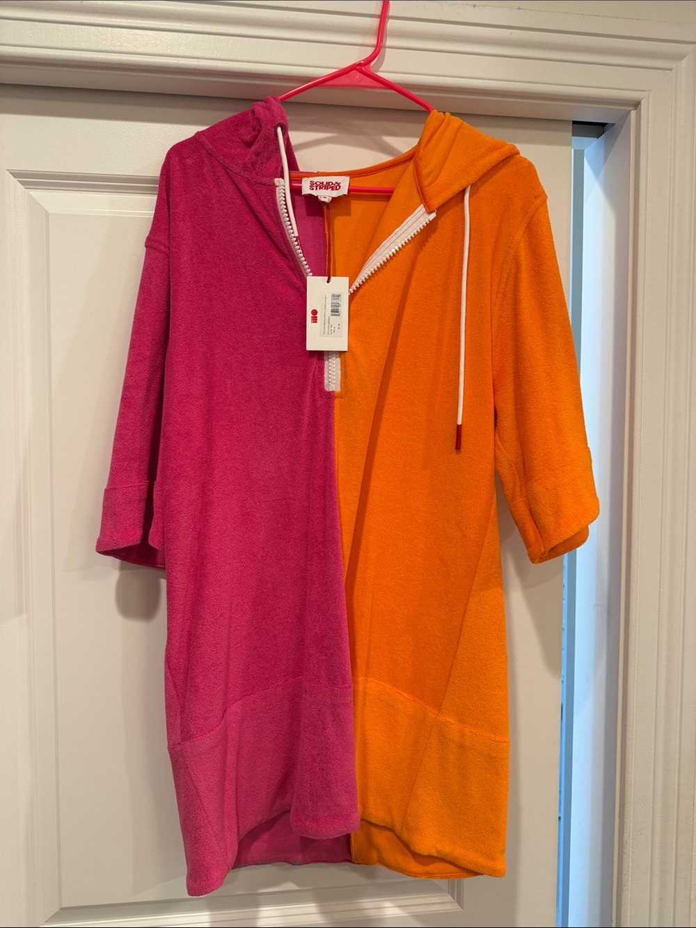 Solid and Striped Two-Tone Pink & Orange Hooded Zip Dress